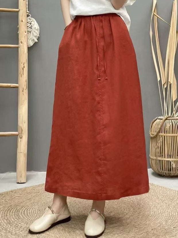 Lace-up Linen Back Slit High Waist Skirt