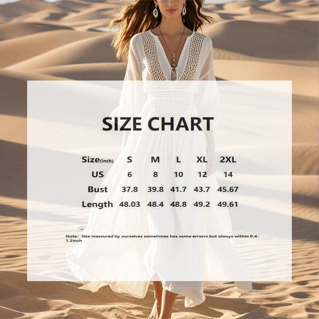 Women's Solid Color Deep V-Neck Long Sleeve Translucent Stitching Design Maxi Beach Bohemian Style Dress 111