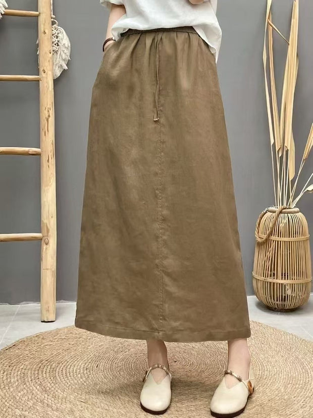 Lace-up Linen Back Slit High Waist Skirt