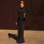 Long Sleeve High Collar Temperament Slim Fit Pleated Backless Dress