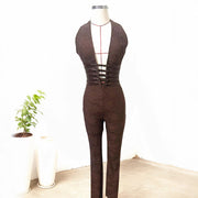 Sexy Lace Trousers Deep V Bandage Lace-up Halter Jumpsuit 1111