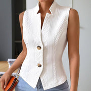 Women’s Sleeveless Stand Collar Vest – Ribbed, Button-Detail Outerwear