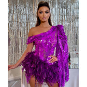 Purple Sequined Feather Skirt One-shoulder Sleeve Luxury Party Stage Performance Dress