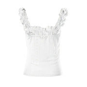 Womens Cute Sleeveless Tank Tops Frill Trim Strap Tie Knot Square Neck Eyelet Blouse