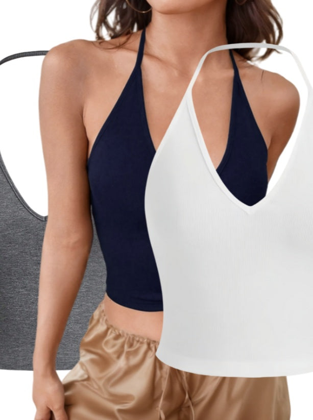 SHEIN EZwear Summer Solid Crop Halter Top 3PC Set