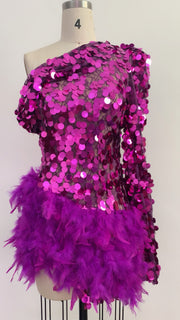Purple Sequined Feather Skirt One-shoulder Sleeve Luxury Party Stage Performance Dress