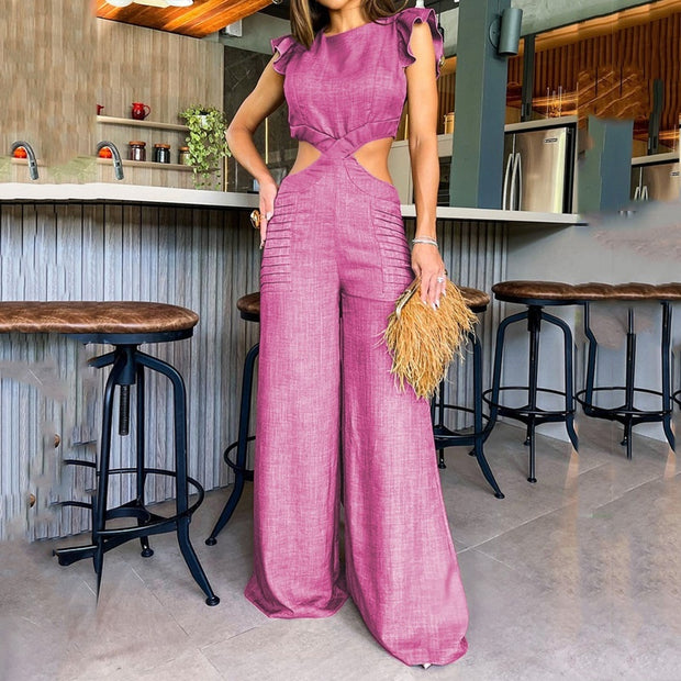 Women’s Ruffled High-Waist Jumpsuit – Round Neck, Loose Fit