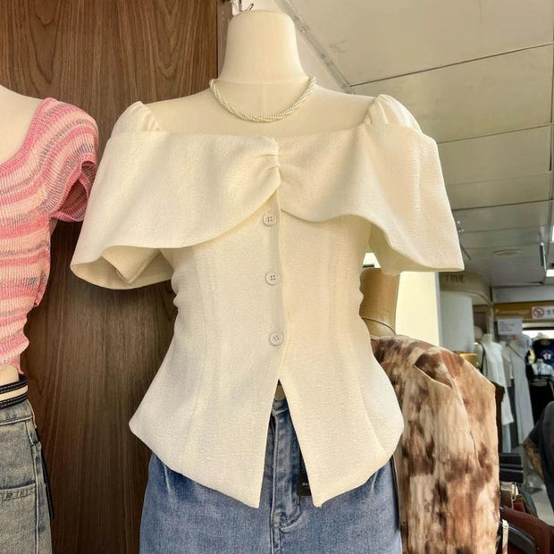 French Style Off-shoulder Off-shoulder Waist Petite Top