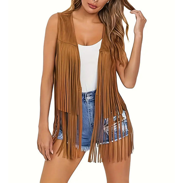 Women’s Fringe Vest – Sleeveless 70s Hippie Faux Suede Tassel Jacket