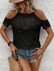 Lace Patchwork Knitting Off-the-shoulder Strap T-shirt Top