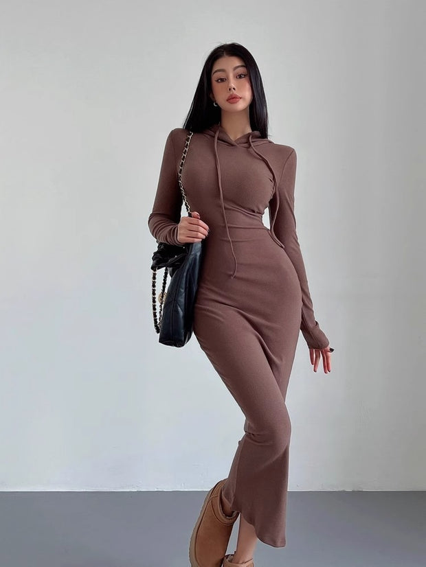 Women’s Hooded Sheath Dress – Long Sleeve, Over-the-Knee Length