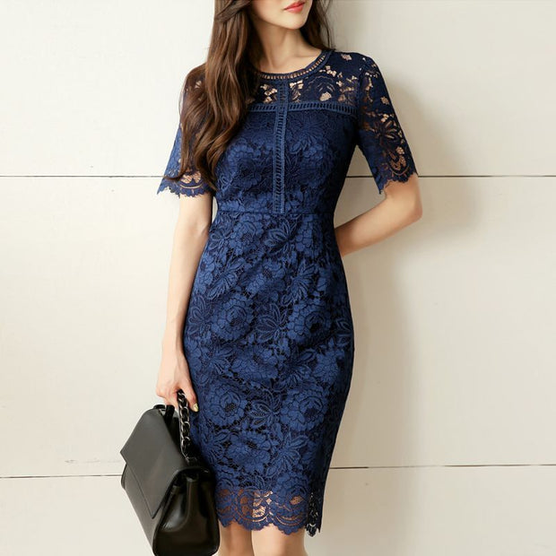 Waist Slimming Temperament Lady Mid-length Lace Dress 111