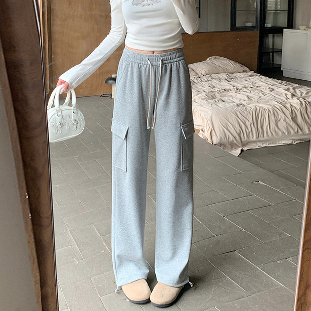 High Waist Straight Large Pocket Loose Drawstring Ankle-tied Sports Pants