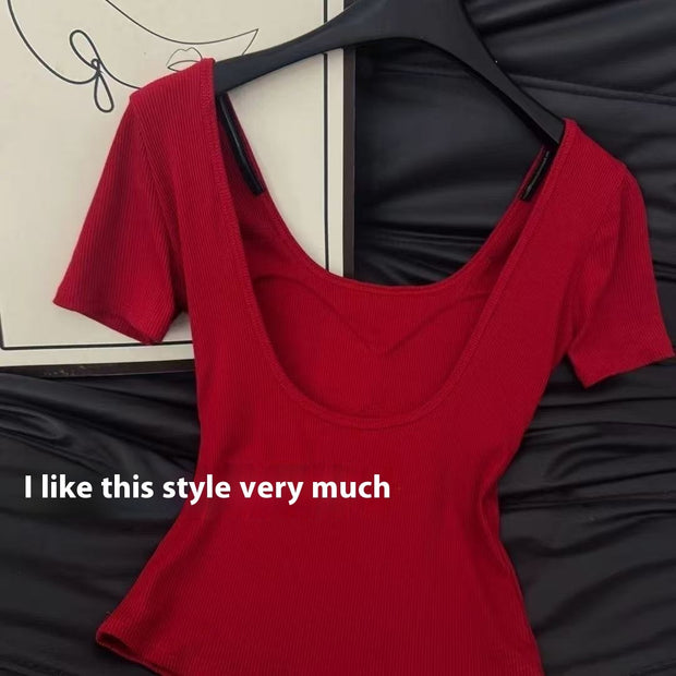 American Sexy Backless Short Sleeve T-shirt Women