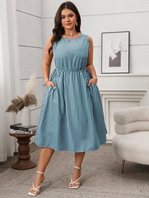 Contrast Color Striped Sleeveless Pocket Fashion Dress 1111