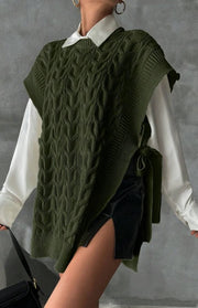 Women's Solid Color V-Neck Tie Casual Knit Vest