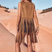 Women’s Solid Color Fringe Vest – Round Neck with Boho Tassels