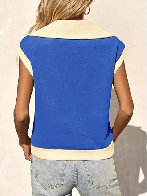 Women’s Color Block Half-Zip Short Sleeve Pullover – V-Neck Summer Top