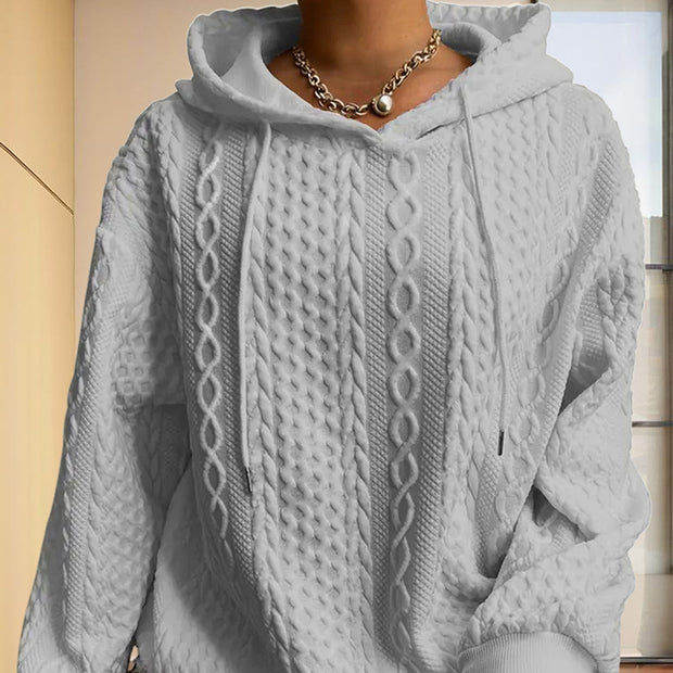 Women’s Ribbed Long Sleeve Hoodie – Loose Fit Drawstring Pullover