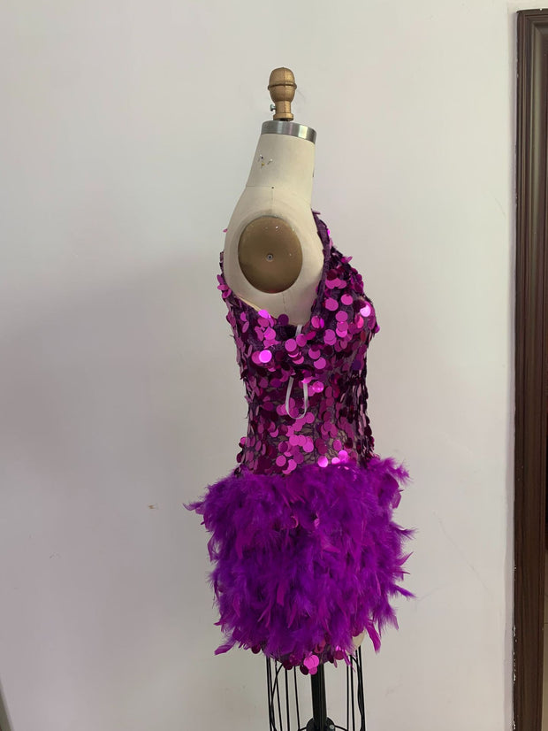 Purple Sequined Feather Skirt One-shoulder Sleeve Luxury Party Stage Performance Dress