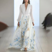 Women’s Boho Floral Maxi Dress – Deep V-Neck, Long Sleeves & Ruffle Hem