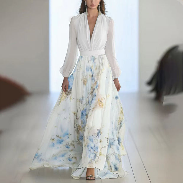 Women’s Boho Floral Maxi Dress – Deep V-Neck, Long Sleeves & Ruffle Hem