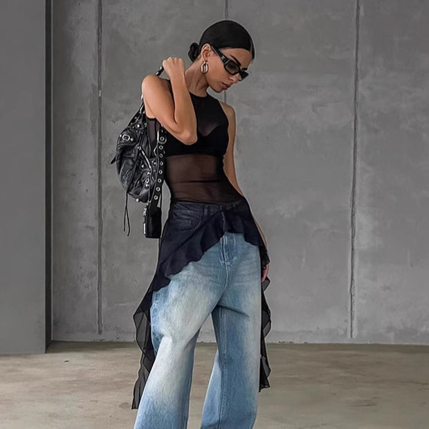 Black Tulle Ruffled Maxi Top