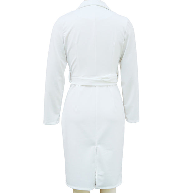 Women's Solid Color Blazer V-Neck Dress With Belt - Slim Fit Formal Midi Dress For Spring&Fall