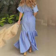 Women’s Striped Button-Down Maxi Shirt Dress – Tie Waist, Short Sleeves & Pockets