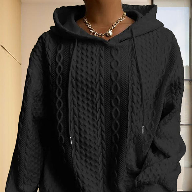 Women’s Ribbed Long Sleeve Hoodie – Loose Fit Drawstring Pullover