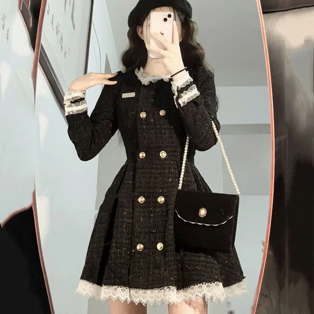 Black Style Ruffled Breasted Long Sleeve Waist Dress
