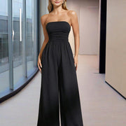 Women’s Strapless Wide-Leg Jumpsuit – Pleated Summer Outfit