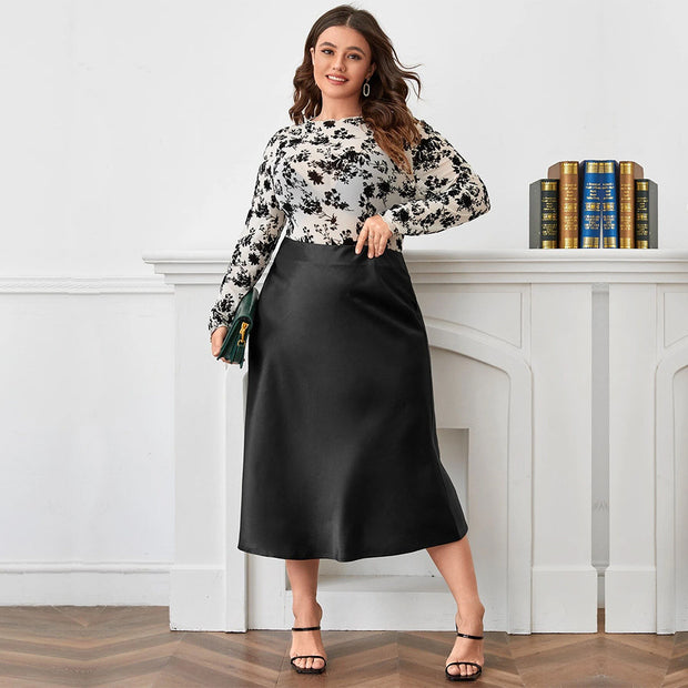 High Waist Zipper Large Hem Satin Satin Temperament Skirt