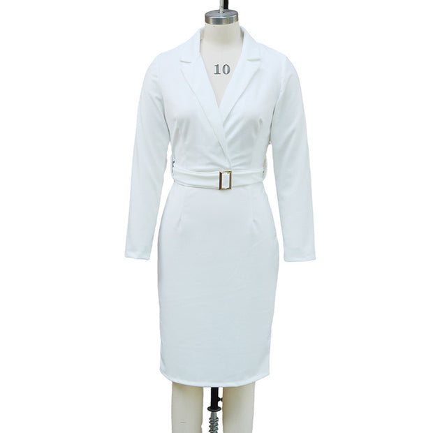 Women's Solid Color Blazer V-Neck Dress With Belt - Slim Fit Formal Midi Dress For Spring&Fall