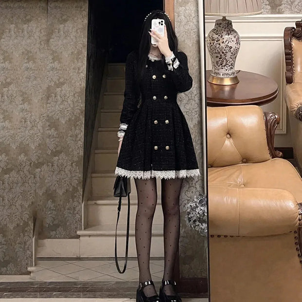 Black Style Ruffled Breasted Long Sleeve Waist Dress