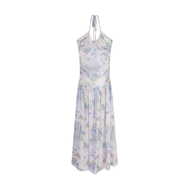 Tea Break French Purple Floral V-neck Halter Sling Dress 1111