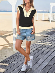 Women’s Color Block Half-Zip Short Sleeve Pullover – V-Neck Summer Top