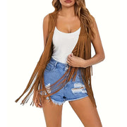 Women’s Fringe Vest – Sleeveless 70s Hippie Faux Suede Tassel Jacket