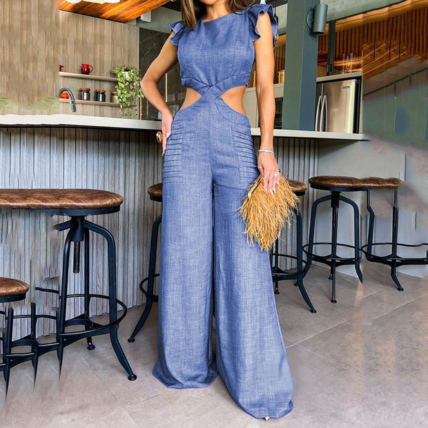 Women’s Ruffled High-Waist Jumpsuit – Round Neck, Loose Fit