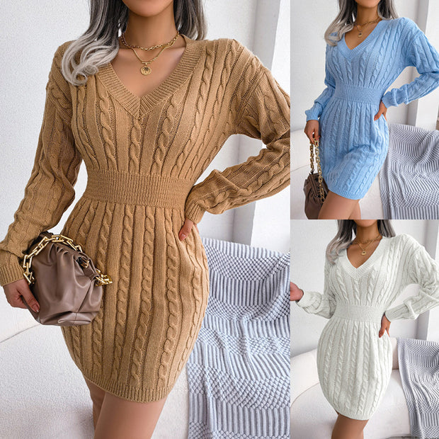 Women’s V-Neck Bodycon Knit Mini Dress – Long Sleeve FallWinter Pullover