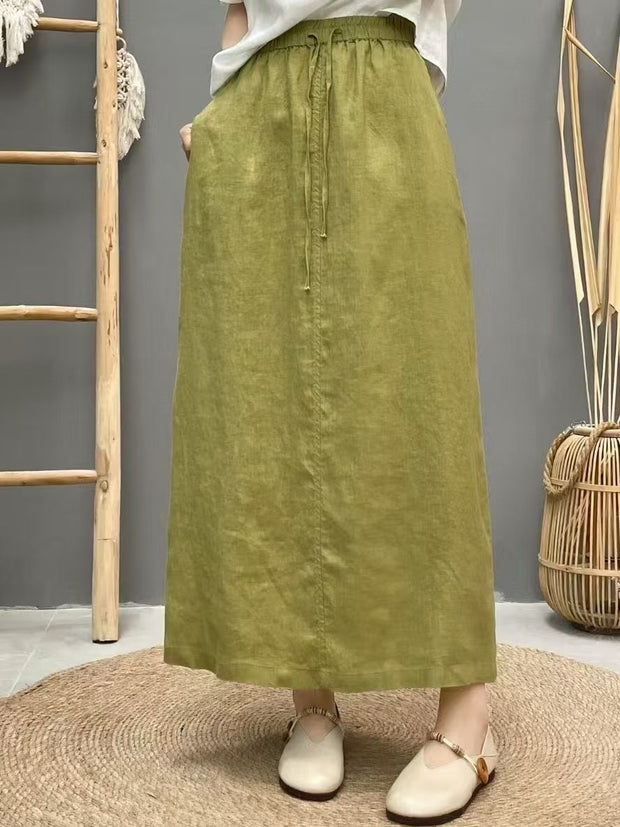 Lace-up Linen Back Slit High Waist Skirt