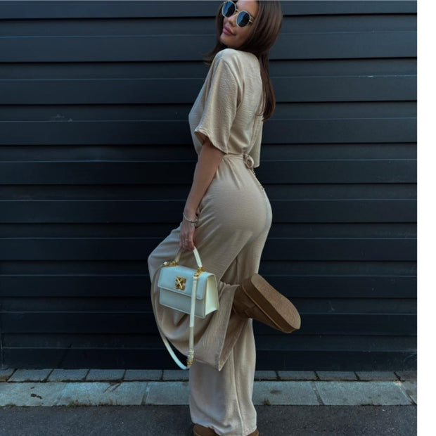 Pure Color Tied Girdle Depth V-neck Casual One-piece Wide-leg Pants