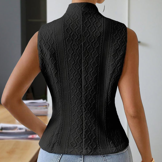 Women’s Sleeveless Stand Collar Vest – Ribbed, Button-Detail Outerwear