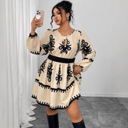 Fashion Round Neck Puff Sleeve Printing Dress Women 1111