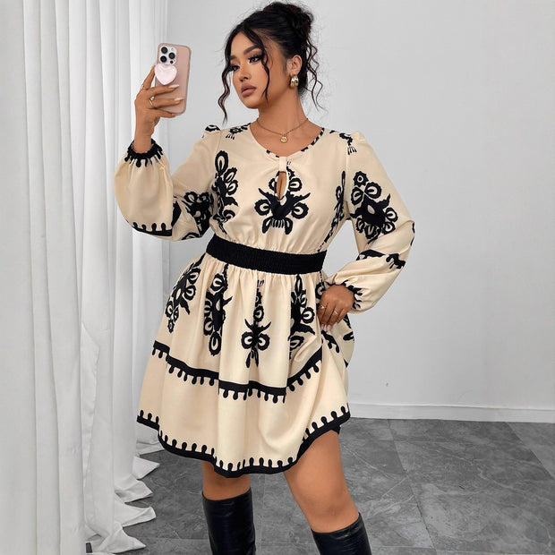 Fashion Round Neck Puff Sleeve Printing Dress Women 1111