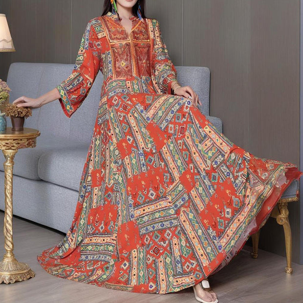 Women’s Middle Eastern Boho Maxi Dress – Geometric Print, V-Neck & Embroidery