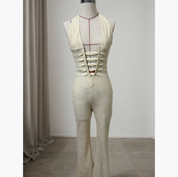 Sexy Lace Trousers Deep V Bandage Lace-up Halter Jumpsuit 1111
