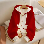 Red Hooded Single-breasted Knitted Cardigan Jacket 111