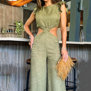 Women’s Ruffled High-Waist Jumpsuit – Round Neck, Loose Fit
