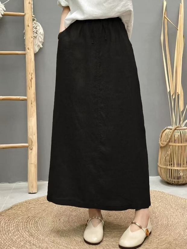 Lace-up Linen Back Slit High Waist Skirt